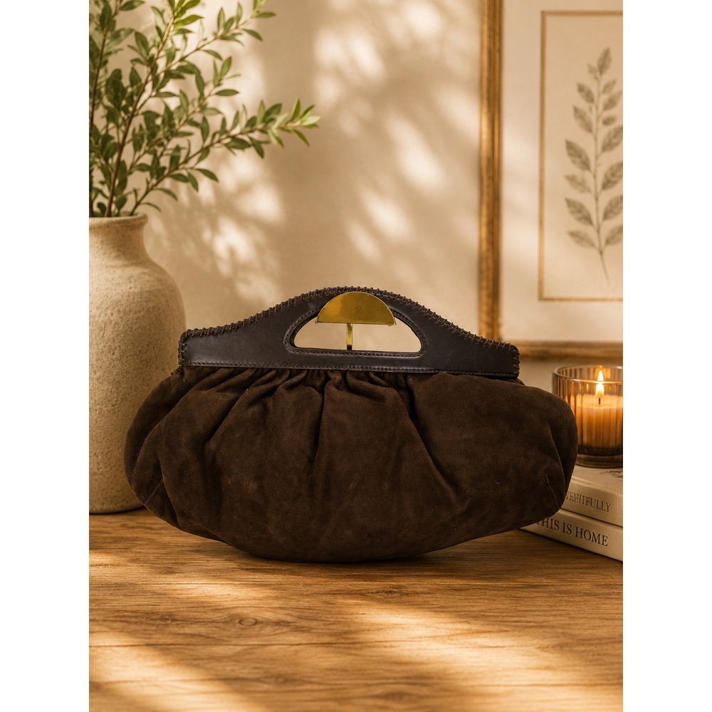 Cole Haan Brown Suede Leather Trim Gathered Clutch Bag Handbag